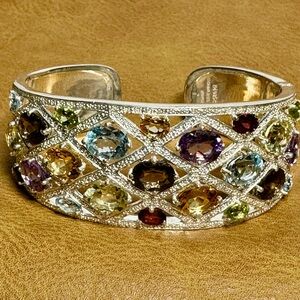 925 Silver Michelle Albala Multiple Gemstone Hinged Cuff Bracelet 6.75” Lot#25